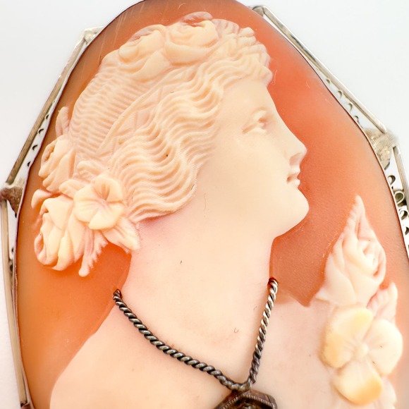Antique Hand Carved Shell Cameo Habillé Brooch/Pendant 14k/10k Filigree Diamond - Picture 4 of 13